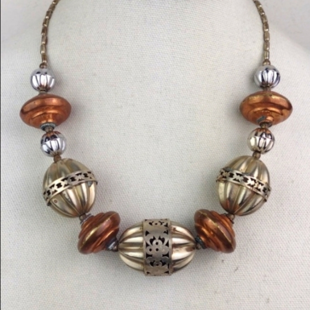 Edgy Victorian Very Vintage Style  Crafted Silver & Copper Tone Bauble Necklace